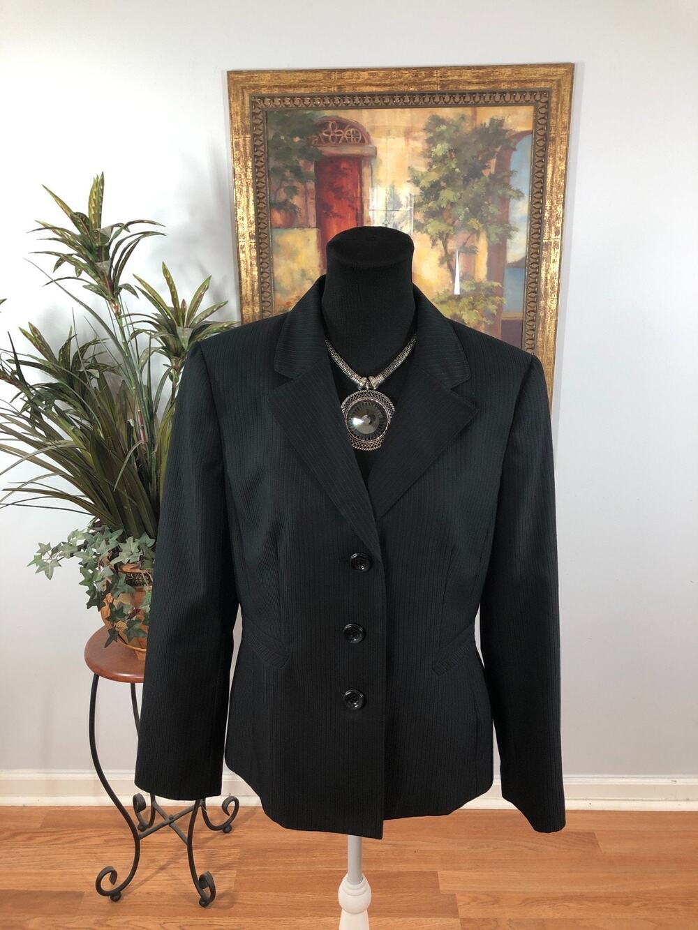 Le Suit Separtes Blazer Women's 12 Black Pinstripe Office Career Minimalist